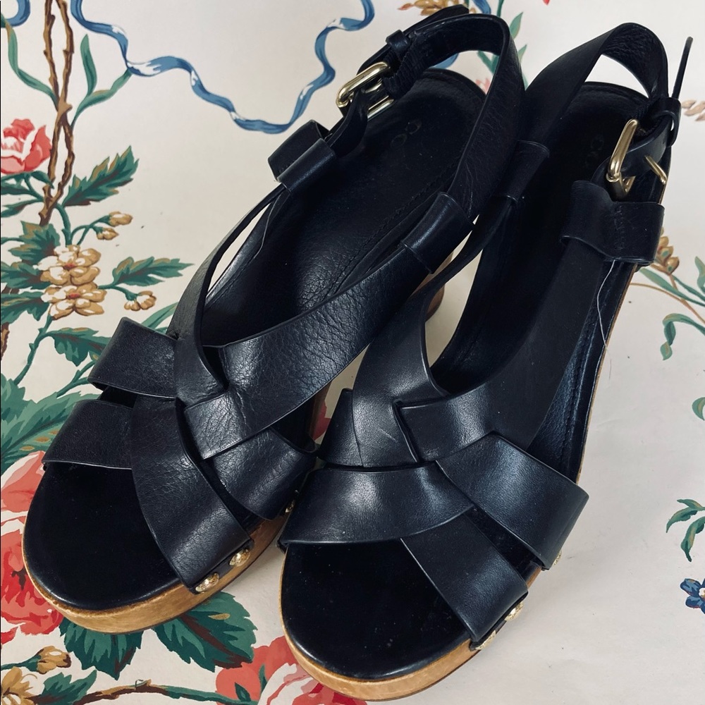 Coach Strappy Black Leather Platform Wooden Clogs